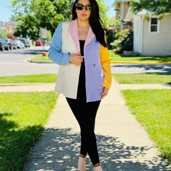 NEW WOMENS COLOR BLOCK BLAZER MEDIUM - Picture 4 of 5